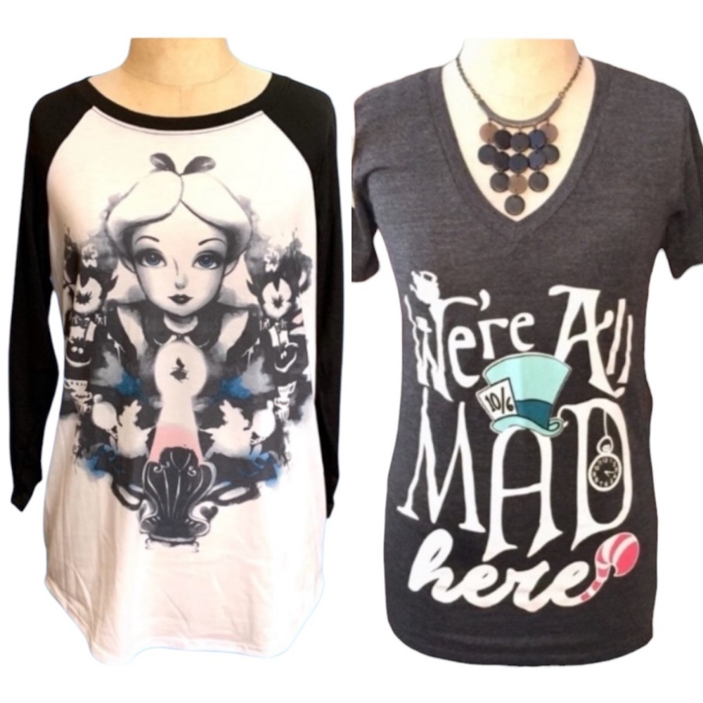 Two Alice in Wonderland S/S Tees “We’re All Mad Here” and “Alice” baseball tee